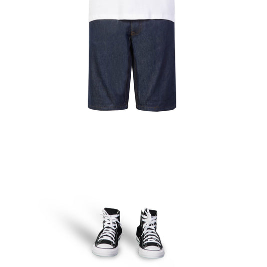 Green selvedge denim shorts, example of fit