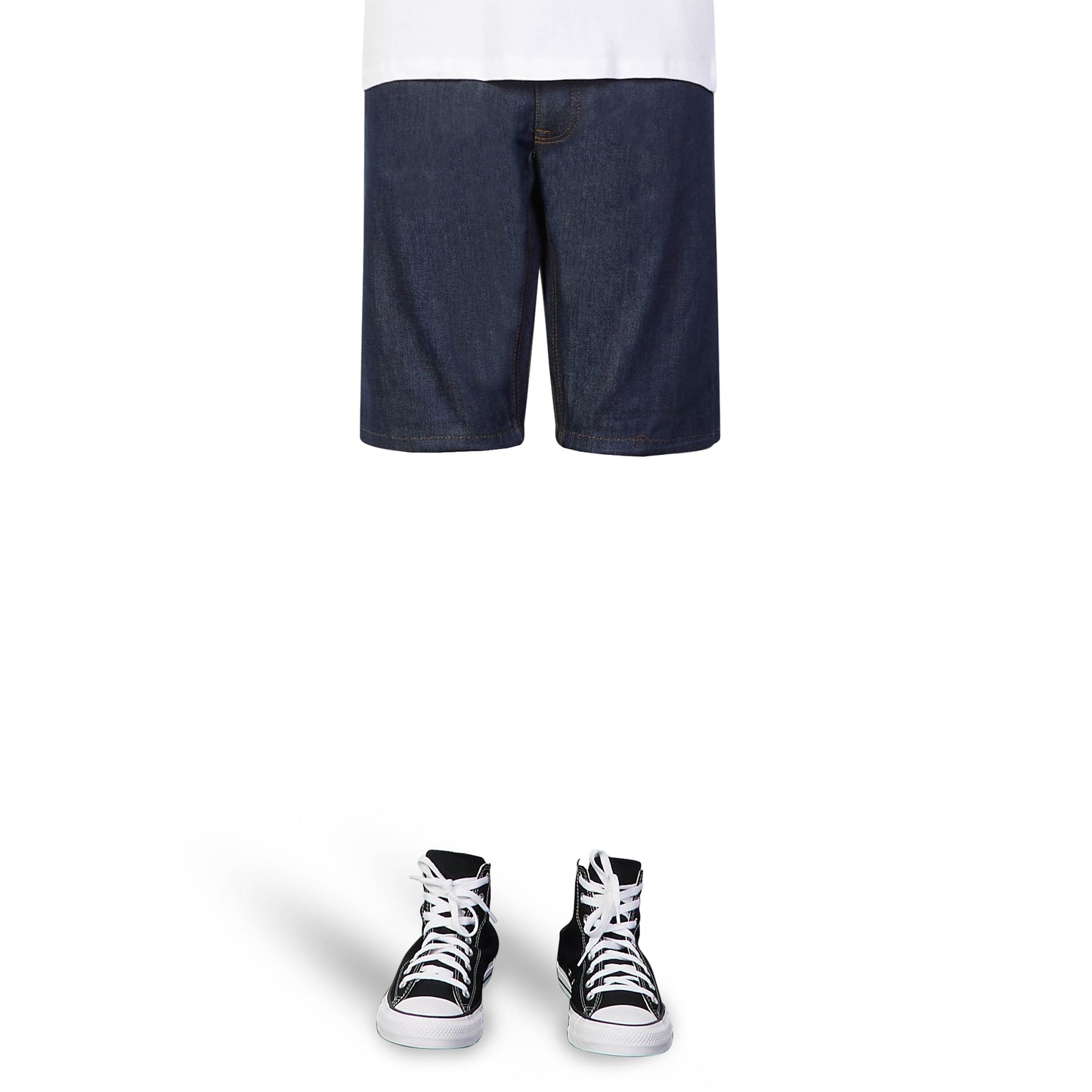 Green selvedge denim shorts, example of fit