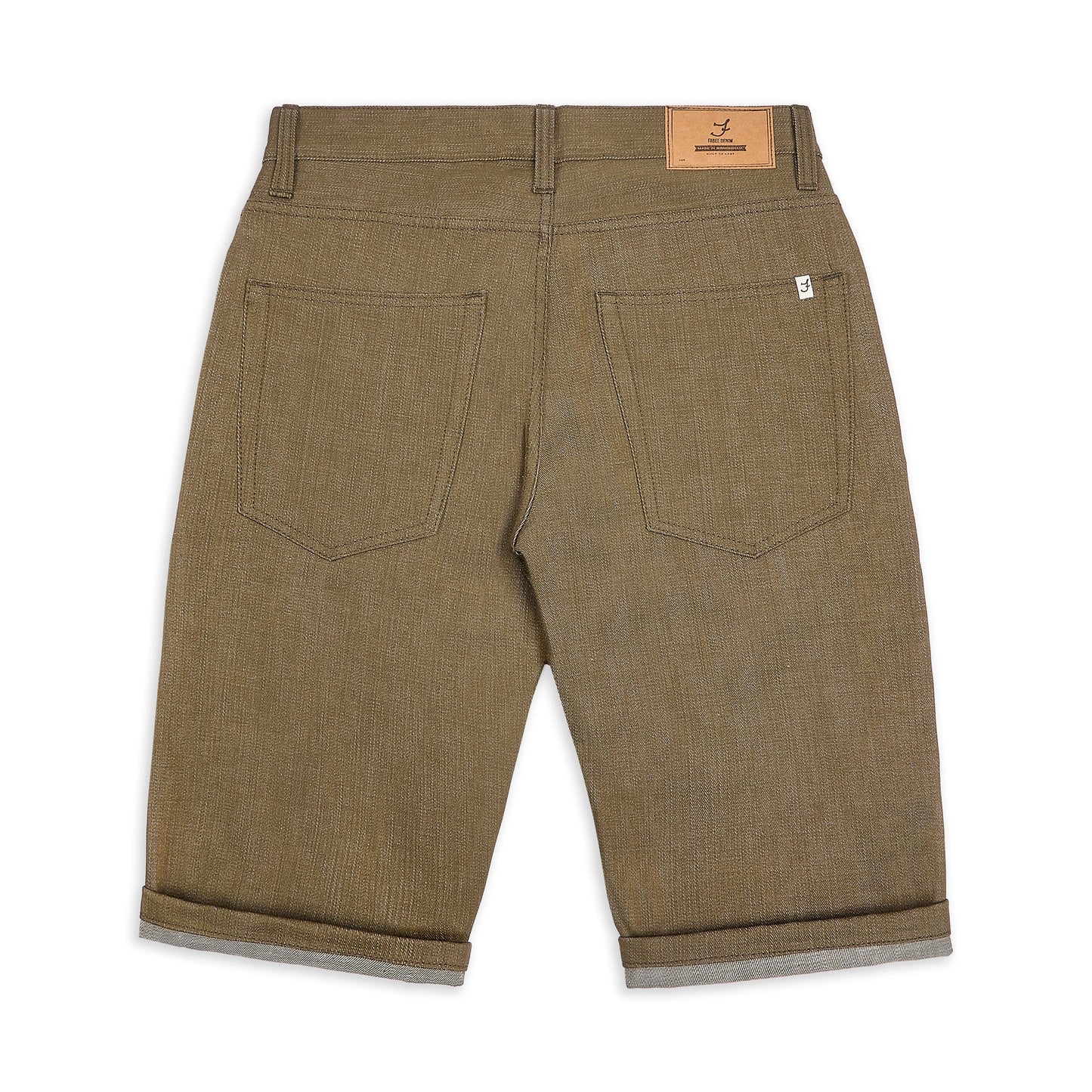 Green selvedge denim shorts, back view