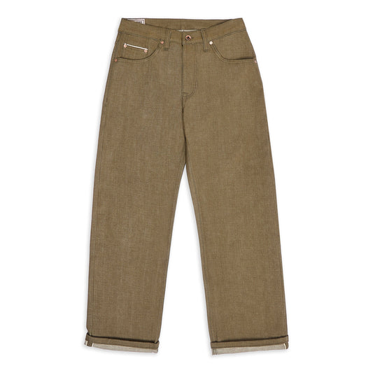 Albion - regular fit green selvedge denim jeans front lay