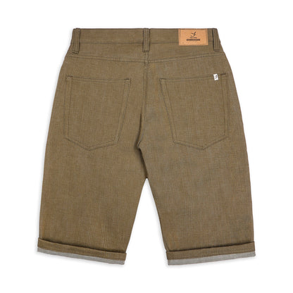Green selvedge denim shorts, back view