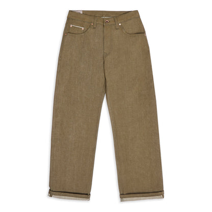 Albion - regular fit green selvedge denim jeans front lay 